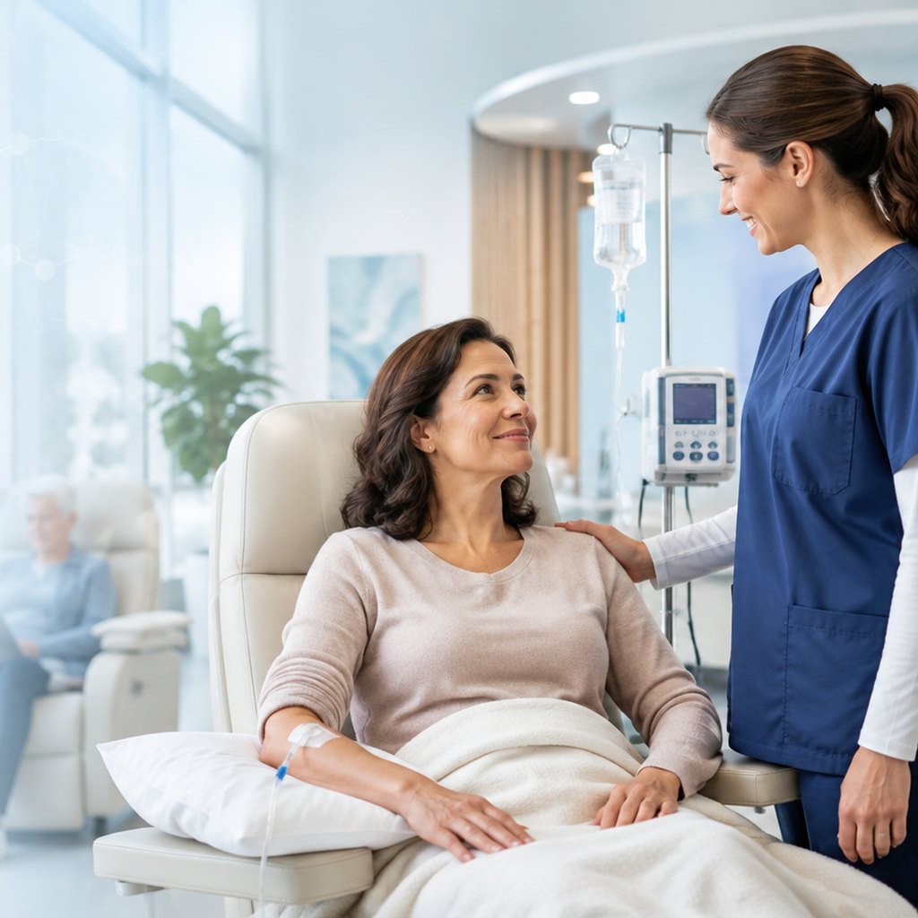 Biologic infusion therapy at Thrivewell Infusion A patient receiving biologic infusion therapy while a Thrivewell Infusion nurse provides care