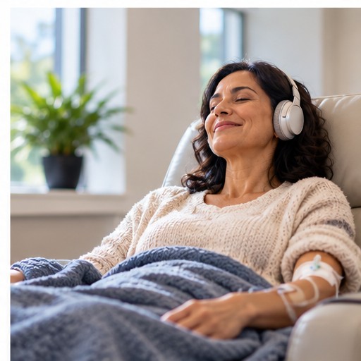 what-is-infusion-therapy-patient-guide-sq Patient relaxing with headphones while receiving IV infusion therapy at an outpatient center